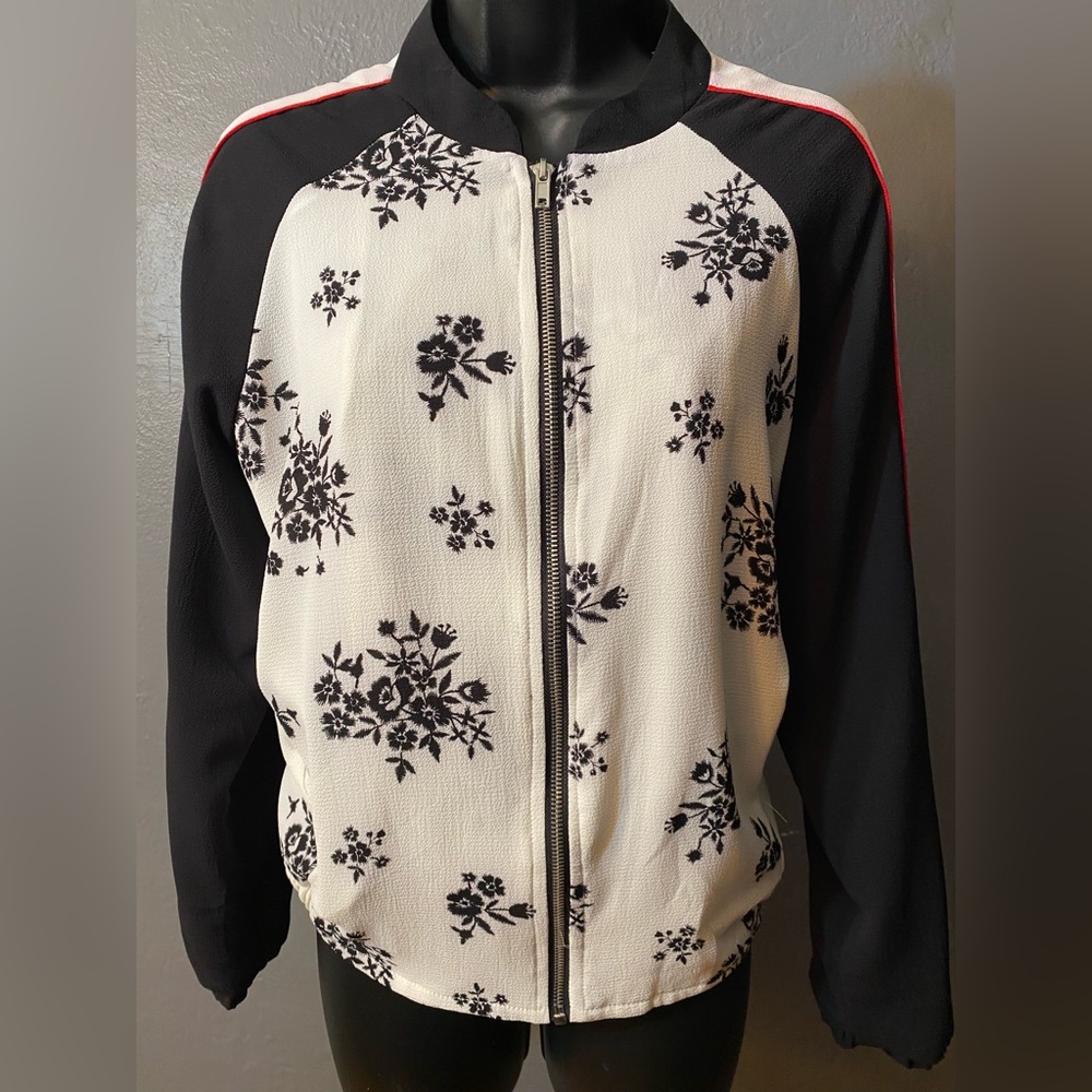 JANET CHUNG Black and White Floral Bomber Style Jacket